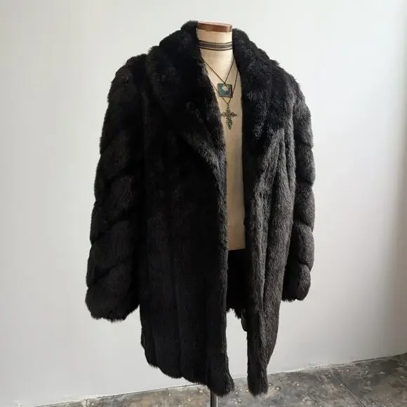 Vintage Black Faux Fur Coat Fur Trim Jacket Mob Wife Minimalist Goth Chic Medium - Picture 8 of 12